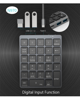 28 Keys Aluminum Alloy 2 Mode Blu-tooth Wireless and Wired Numeric Keypad with USB HUB