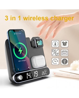Multifunction Temperature Display Alarm Clock Desktop Wireless Charger 15W Fast Charging for iPhone Wireless Charging Station