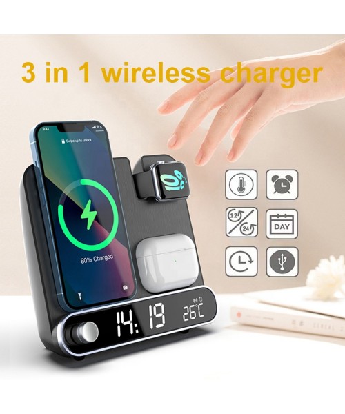Multifunction Temperature Display Alarm Clock Desktop Wireless Charger 15W Fast Charging for iPhone Wireless Charging Station Multifunction Temperature Display Alarm Clock Desktop Wireless Charger 15W Fast Charging for iPhone Wireless Charging Station