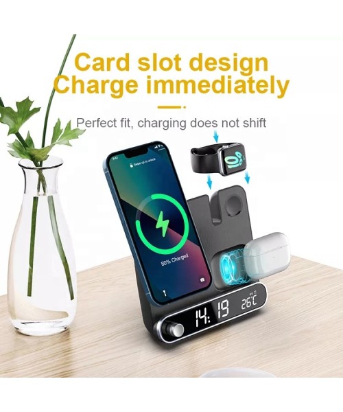Multifunction Temperature Display Alarm Clock Desktop Wireless Charger 15W Fast Charging for iPhone Wireless Charging Station Multifunction Temperature Display Alarm Clock Desktop Wireless Charger 15W Fast Charging for iPhone Wireless Charging Station