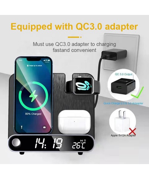 Multifunction Temperature Display Alarm Clock Desktop Wireless Charger 15W Fast Charging for iPhone Wireless Charging Station Multifunction Temperature Display Alarm Clock Desktop Wireless Charger 15W Fast Charging for iPhone Wireless Charging Station